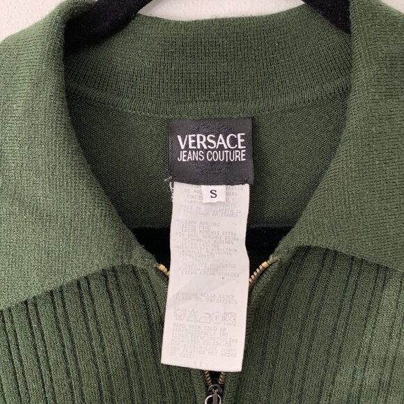 Vintage Versace Green Ribbed Quarter-Zip Knit Sweater Size S Brown Trim Wool - Picture 3 of 8
